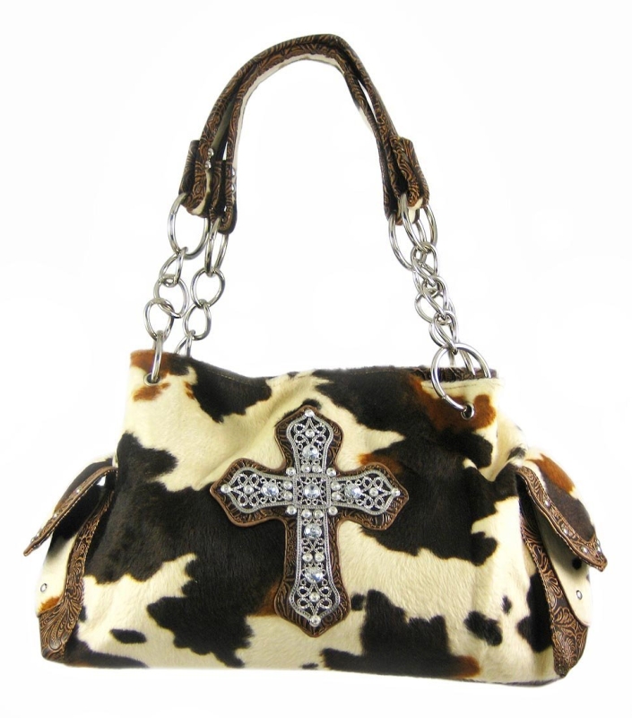 Faux Fur Cow Print Gothic Cross Studded Handbag