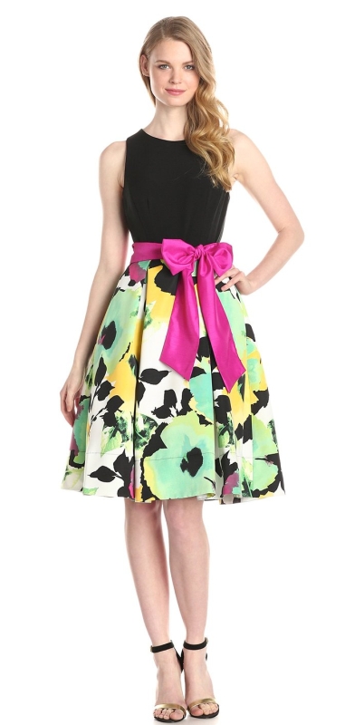 Sleeveless Fit and Flare Printed Dress with Sash