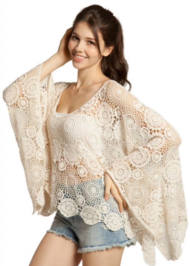 Oversize Beige Batwing Floral Cut Out Lace Crochet Top Shirt
