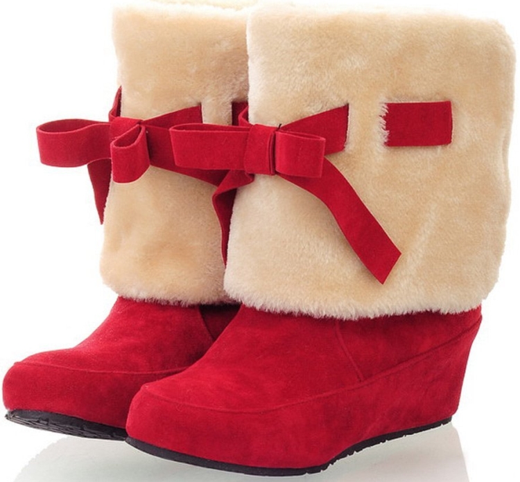 Fur Trimmed Bow Tie Mid Calf Boots
