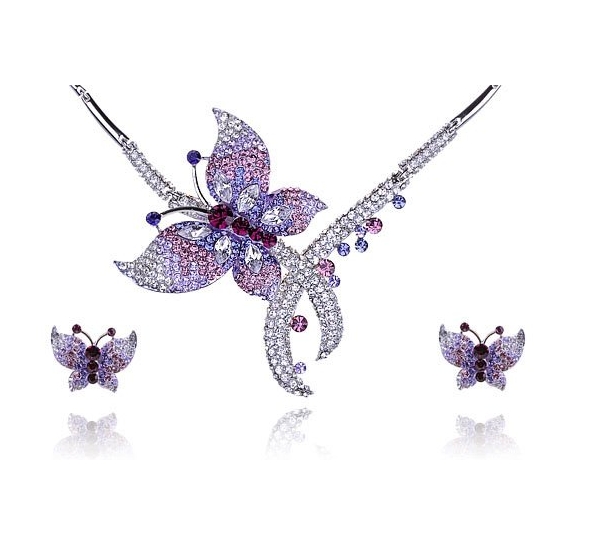 Purple Lavender Fly Butterfly Swarovski Crystal Rhinestone Necklace Earring Set