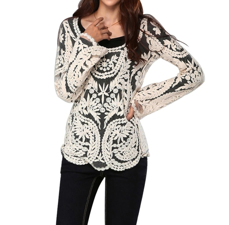 Sleeve Embroidery Floral Lace Crochet T-Shirt