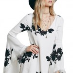 White Backless Leaves Print Long Sleeve Dress