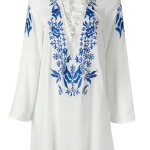 Floral V neck Long sleeve Embeoidery Lace Up Front Blouse