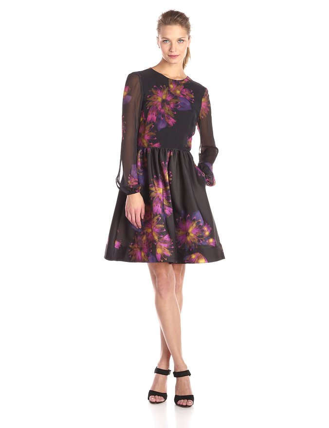 Taylor Dresses Women's Long Sleeve Blurred Floral Fit and Flare Dress