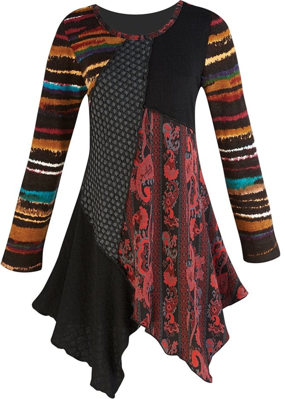 Women's Textured Spice Patchwork Long Sleeve Tunic Top