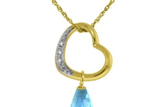 14K Gold Open Heart with Genuine Diamond and Blue Topaz Pendant Necklace