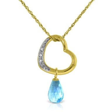 14K Gold Open Heart with Genuine Diamond and Blue Topaz Pendant Necklace