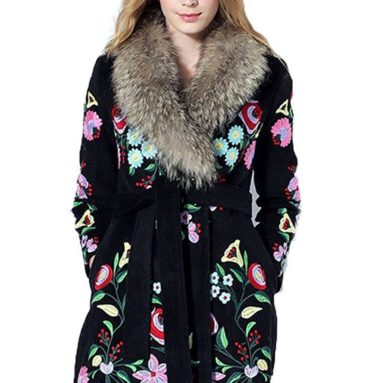 Embroidered Wool Wrap Coat Fur Collar