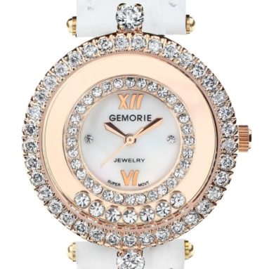 Leather Watch with Diamond-cut Zirconia in Rose Gold Plating