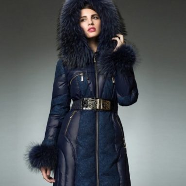 Luxury Lace Combo Zipper Down Jacket with Large Raccoon Fur Trim