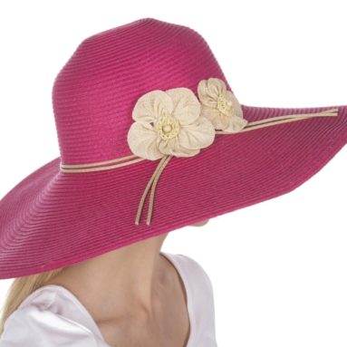 Straw Flower Accent Wide Brim Floppy Hat