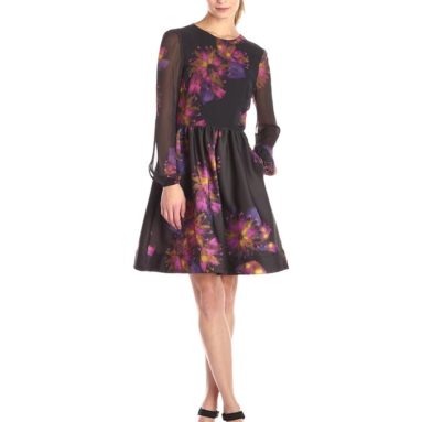Taylor Dresses Women’s Long Sleeve Blurred Floral Fit and Flare Dress