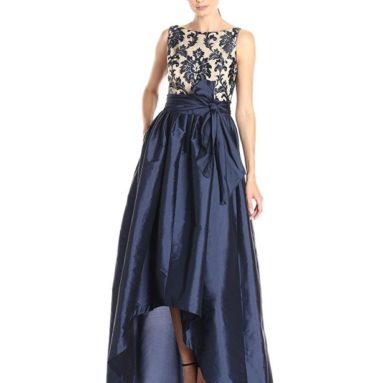 Women’s High Low Taffeta Ball Gown with Embroidered Lace Bodice