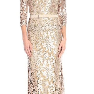 Women’s Sequin Embroidered Gown with 3/4 Sleeve and Belt